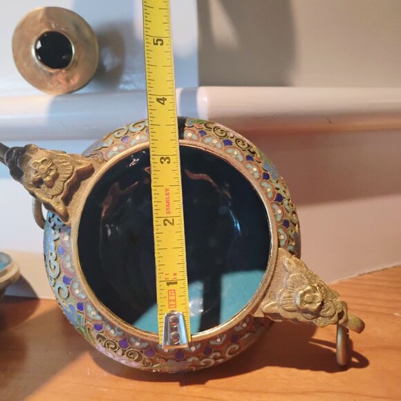 Vtg Large Chinese Cloisonné Brass Incense Burner Wood Stand Champleve Enamel - Picture 13 of 16
